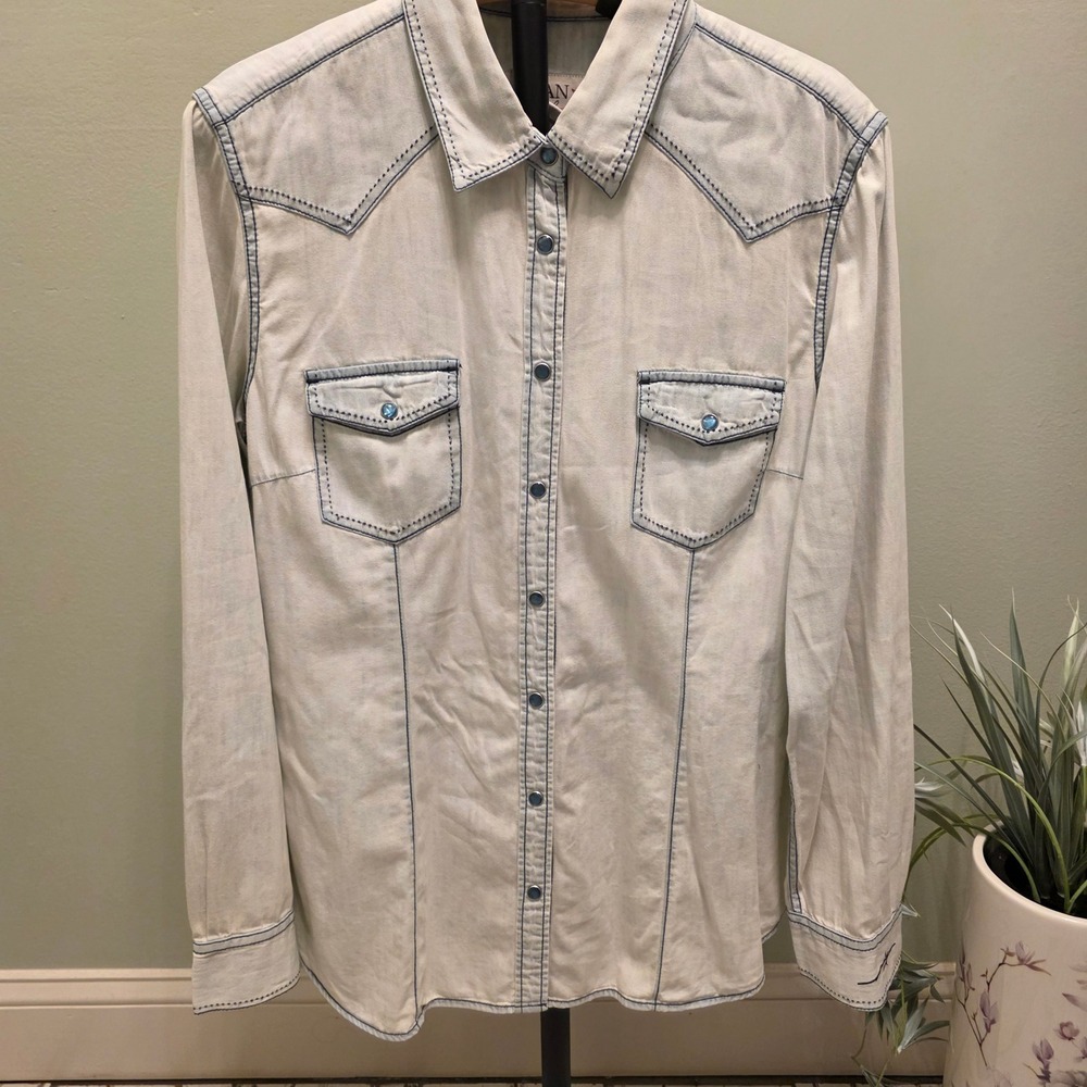Ryan Michael Womens XL Western Pearl Snap Shirt Light Wash Blue Pick Stitch
